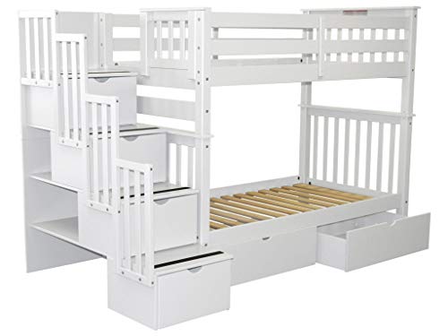Bedz King Tall Stairway Bunk Beds Twin Over Twin With 4 Drawers In The Steps And 2 Under Bed Drawers, White #TOP3