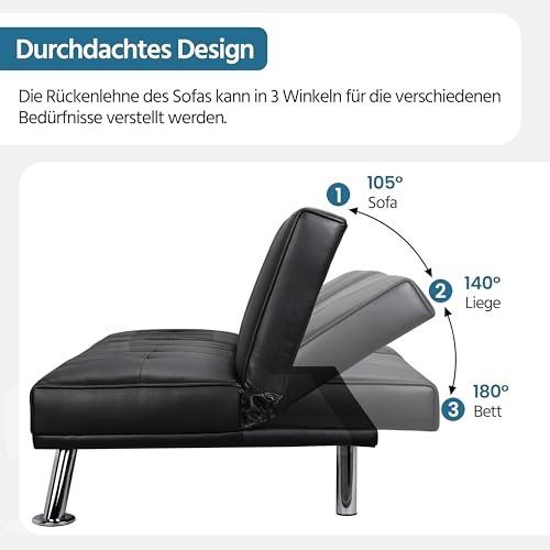 Yaheetech 3er-Sofa Schlafsofa Couch mit Tassenhalter Gästebett, Rückenlehne neigbar 105°/140°/180°, 167 x 81,5 x 75 cm, 350 KG belastbar, schwarz Kunstleder – Bild 7