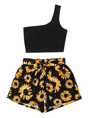 Verdusa Women s 2 Piece One Shoulder Top and Sunflower Print Belted Shorts Set Black S