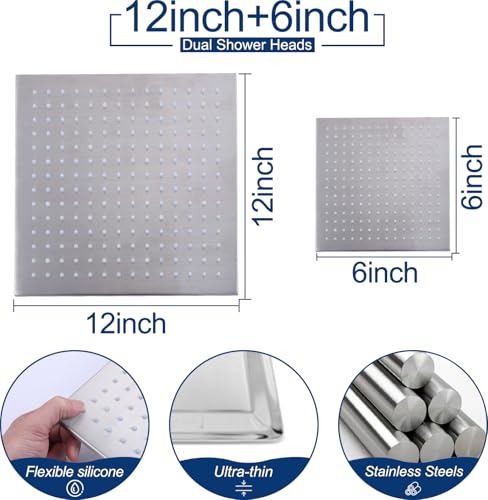 Sistema de Ducha Dual con Ducha de Lluvia de Techo de 12 pulgadas y Ducha de Pared de 6 pulgadas, Kit de Válvula Equilibradora de Presión de 3 Vías, Acabado en Níquel Cepillado miniatura 4