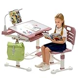 JMGJOY Kinderschreibtisch höhenverstellbar, mit LED-Lampe, 0–45° neigbare Tischplatte, mit Schublade und Bücherregal, ideal zum Malen und Bastelarbeiten, für Kinder 3–12 Jahre (Rosa)