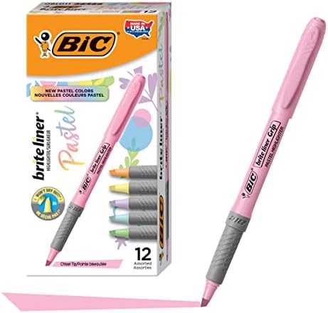 BIC Brite Liner Grip Pastel Highlighter Set, Chisel Tip, 12-Count Pack of Pastel Highlighters in Assorted Colors, Cute Highlighters for Bullet Journaling, Note Taking and More