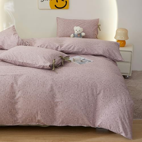 Image of Purple Floral Comforter Set Queen, 3 Pieces Cottagecore Aesthetic Cute Flowers Comforter Set for All Seasons, Coquette Floral Mauve Bedding Vintage Botanical Comforter with 2 Bow Ties Pillowcases