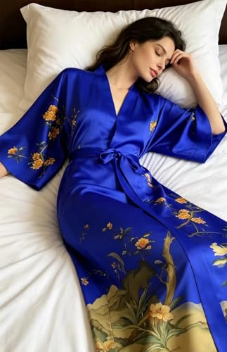 Image of Women's Classic 100% Silk Kimono Robe, Bathrobe-Printed Pattern