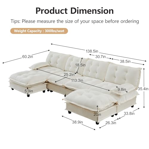 Image of 139 inch Sectional Sleeper Sofa with Ottoman, U Shaped Modular Deep Seat Couches for Living Room Apartment, Flexible Module Combination Cloud Sofa with Spring Support, Easy Assembly, White