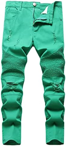 JLLDS LKMQA Boy's Ripped Distressed Moto Biker Skinny Fit Stretch Slim Denim Pants Jeans Blackish Green 18