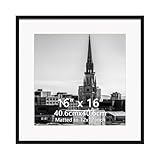 Hoikwo 16x16 Black Plastic Frame with Plastic Cover, Display Pictures 12x12 with Mat or 16x16 Without Mat, 1 Pack 16 by 16 Frame for Wall Hanging