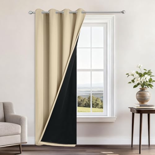 Image of Yakamok Beige Blackout Curtains 96 Inches Long for Bedroom 52 inch Wide 1 Panel | Blackout Curtain Panels for Bedroom, 2 Thick Layers Grommet Top Thermal Insulated Drapes with Black Liner for Living Room