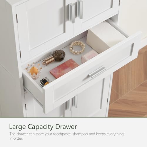 Image of TEENFON Bathroom Storage Cabinet with Adjustable Shelf & Large Drawer | Tall Storage Cabinet with 4 Doors, Kitchen Pantry Storage Cabinets, for Living Room, Dining Room, Entryway, White