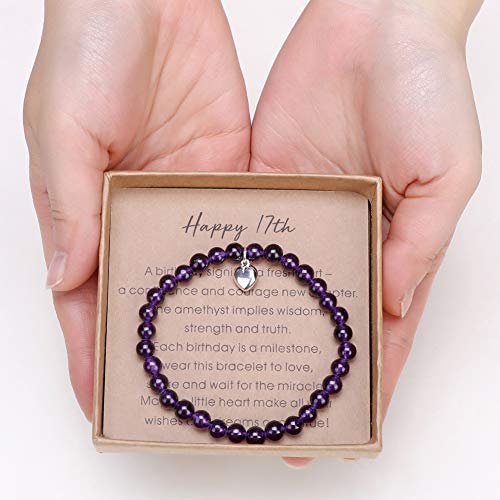 17 Year Old Girl Gifts For Birthday Amethyst Bead Bracelet With Sterling Silver Heart Charm 17Th Birthday Gifts For Girls With Card And Gift Box #TOP3