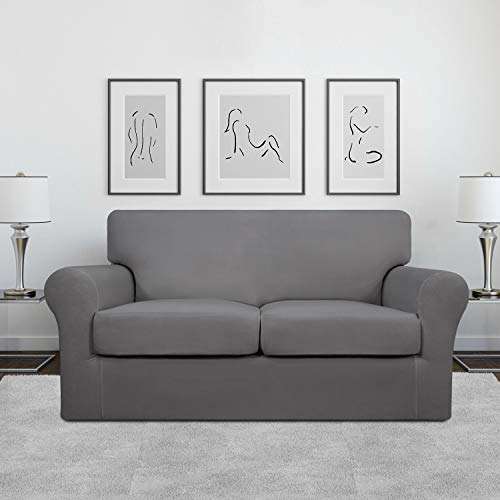 Image of Easy-Going 3 Pieces Stretch Loveseat Couch Cover for 2 Cushion Washable | Sofa Slipcover for Stretch 2 Separate Sectional Cushion Couch - Furniture Protector for Pets, Kids Light Gray