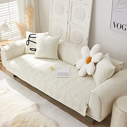 Xslive Super Soft Velvet Sofa Cover Geometric Embroidery Thick Warm Sectional Couch Covers Comfy Plush Anti-Slip Sofa Slipcover Furniture Protector For Living Room (Ivory A,28"X70") #TOP3