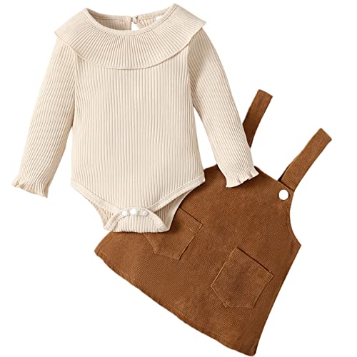 Image of Weixinbuy Baby Girl Clothes Set Long Sleeve Ribbed Romper Top Pocket Suspender Skirt Newborn Girl Dresses Outfits