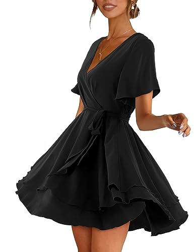 Image of Women Wrap Dress Casual Mini V Neck Fall Long Sleeve Wedding Guest Dresses with Belt