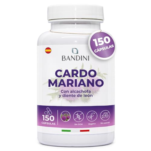 Bandini® Cardo Mariano con Alcachofa y Diente de León 150 Cápsulas - Dosificación alta con 80% de silimarina - Protege el hígado, Mejora la digestión y Reduce el dolor estomacal - Método HPLC - Vegano