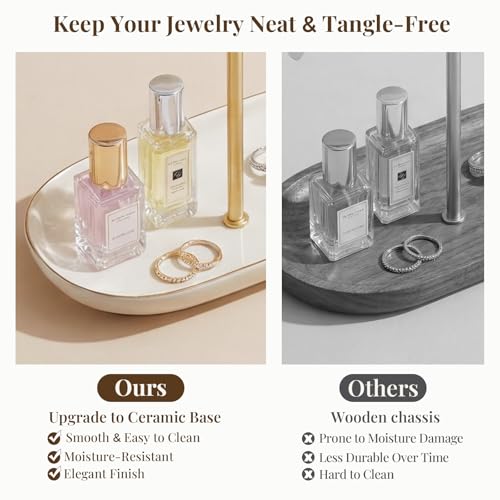 Saydear Velvet Jewelry Organizer Stand, T-Bar Necklace Holder with Ceramic Ring Dish Tray, Watch & Bracelet Display Organizer for Vanity, Dresser, Nightstand, Luxury Gift for Women White — view 4