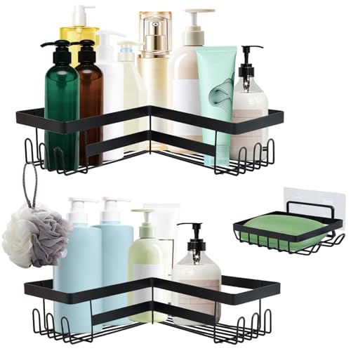 Lrocotanc Estantería Baño sin Taladro 3 Unidades de Estantería Rinconera Ducha Estante Ducha con porta jabón y ganchos adecuado para baño y cocina(Negro)