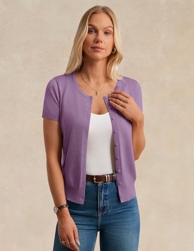 Image of GRACE KARIN Women Short Sleeve Cardigan, 2026 Summer Knitted Sweater Tops, Basic Crew Neck Crop Outfits