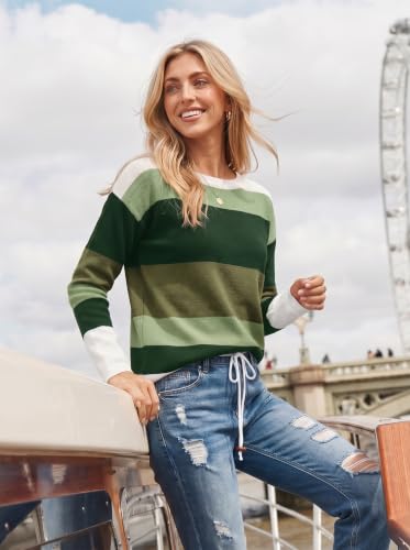 Image of Dokotoo Womens Sweaters Striped Fall Winter Outfits Drawstring Color Block | Long Sleeve,Crewneck,Lightweight Fashion Clothing,Teachers Comfy Outfits,Business Casual Tops,Vacation Wear
