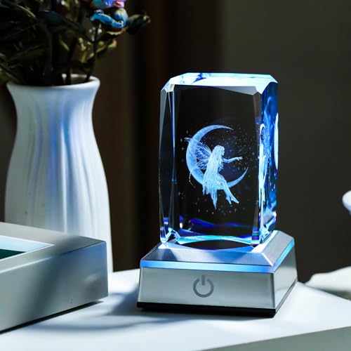 Image of 3D Crystal Cube Fairy Night Light Room Decor Paperweight Figurine Statue Gifts for Adults Girls - Engraved Glass Collectible Ornament Gifts for Fairy Lovers