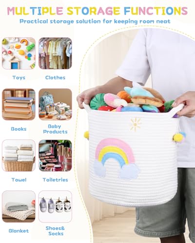 Zaxiva Aufbewahrungskorb Kinder mit Griffen, Wäschekorb Gewebter Baumwollseilkorb mit Stickerei Buntes Regenbogen-Dekor, Aufbewahrung für Organisieren von Kleidung, Badezimmer, Spielzeug(30x30cm)