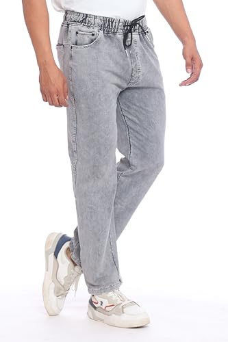 Image of Men's Denim Joggers, Regular Fit, Mid Rise, Stretchable Cotton Blend, Drawstring Waist, Soft Fabric, Multiple Pockets, Tapered Leg Casual Pants