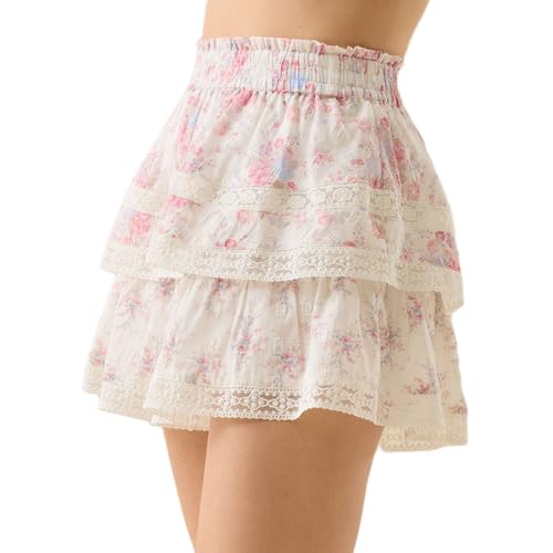 Women Floral Ruffle Mini Skirt Y2K Elastic High Waist Flowy Tiered A Line Skirts Casual Layered Beach Short Skirt