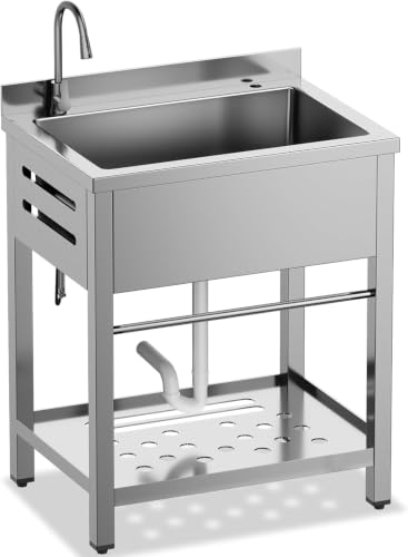 Image of Stainless Steel Utility Sink Freestanding Single Bowl Garage Sink | Shop Sink for Laundry Basement Garden Kitchen Outdoor, w /t Cold & Hot Water Lines, Rapid Drainage, 16 Gallon Large Capacity