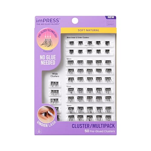 Kiss Impress False Eyelashes Lash Clusters Cluster Multipack Soft Natural 8mm-14mm Includes 50 Pre-Glued Clusters Contact Lens Friendly Easy to Apply Reusable Strip Lashes