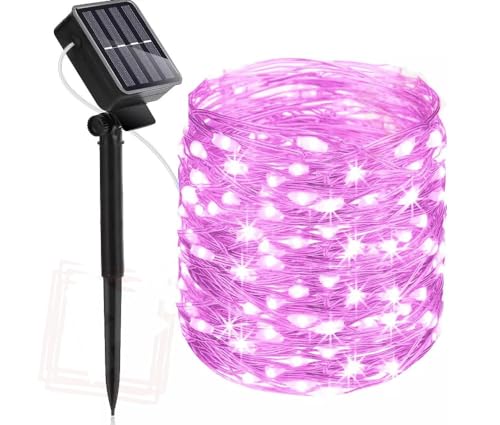Tubo Natalizio Led rosa ad Energia Solare 22Mt, Luci Luminose di Natale da Esterno, Corda IP65 8 Modalità per Giardini, Decorazioni Natalizie, Feste, Pannello con batteria ricaricabile (Rosa, 22)