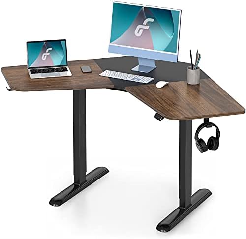 FITUEYES L-Shaped Electric Standing Desk 48''/120cm Height Adjustable Stand Up Desk, Corner Computer Desk with Bag Hooks (Dark Brown)