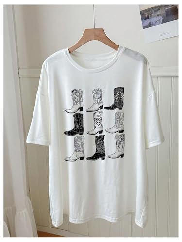 Image of RoseSeek Women's Graphic Letter Tee Crew Neck Drop Shoulder Trendy Summer T Shirt Short Sleeve Vintage Car Print Top