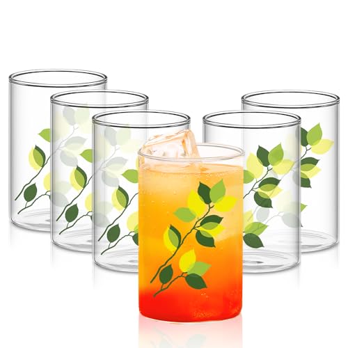 Image of Borosil 295 ml Set of 6 pcs Green Leaves Vision Transparent Glass | Cold Drink Tumbler, Beer Glass, Juice Glass | Flame Proof Glasses | Microwave & Dishwasher Safe | Glass Drinking Tumbler