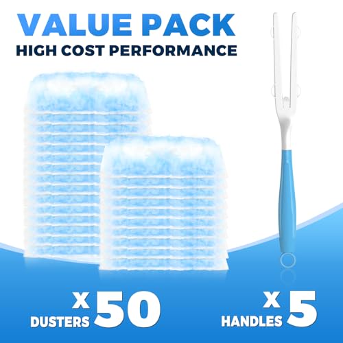 Image of Duster Refills Compatible with Swiffer Duster Refill Heavy Duty, 50 Refills & 5 Handles Kit for Swiffer Duster Kit, Dusters for Cleaning Car Electronics Furniture Blinds, Ceiling Fan Cleaner