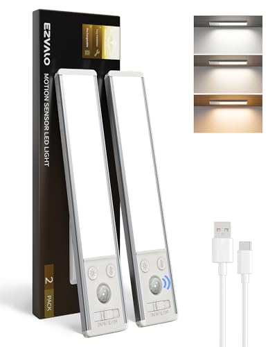 EZVALO Schrankbeleuchtung LED mit Bewegungsmelder 20 cm 62 LED Schrankleuchte Kabellos & 2400mAh Aufladbar 3 Farbmodi Dimmbar Schranklicht Unterbauleuchte Küche für Schrank Küche Silber (2 Stück)