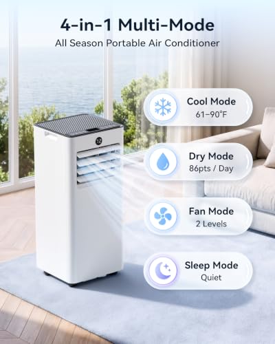 Image of 8000BTU 4-in-1 AC Unit, Cools 350 Sq.Ft, Ultra Quiet | 8000BTU AC cools 350sq.ft, 4-in-1 cool /fan /dry /sleep, quiet, LED, remote, 24H timer, auto swing, kit, for bed /office /dorm.