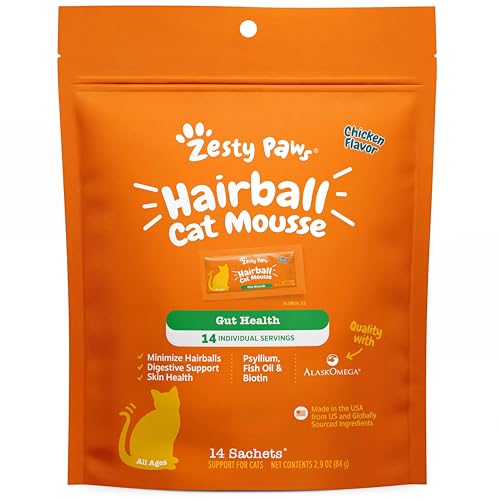 Zesty Paws Cat Hairball Mousse - Omega 3 for Cats, Chicken, 14 Ct