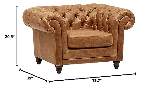 Amazon Brand – Stone & Beam Bradbury Chesterfield Modern Tufted Leather Loveseat Sofa Couch, 78.7" W, Cognac And Amazon Brand – Bradbury Chesterfield Tufted Leather Accent Chair, 50" W, Cognac #TOP7