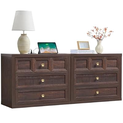 NOWABAY Nightstand Set of 2 W/Charging Station, 30.7" W King Size Bedside Table with 3 Drawers, Accent End Table W/Large Storage, Modern Wood Side Table for Bedroom,Office, Brown
