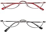 REAVEE 2 Pack Retro Designer Half Moon Reading Glasses Women Men Spring Hinge Half Frame Readers Stylish Slim Eyeglasses with Pouch,Red and Gun Grey 2.5