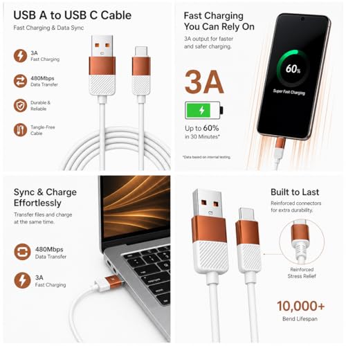 Image of USB Type A to Type C Silicone Cable | 60W Fast Charging & Sync | Soft Anti-Tangle Design | Universal Compatibility | Smartphones & Tablets Copper