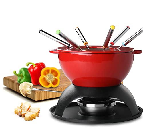 Artestia 11-Piece Cast Iron Fondue Set With Adjustable Burner 6 Colored Forks, 5-Cup Red Cheese Fondue Pot, Perfect For Chocolate, Caramel, Meat, 4-6 Person #TOP1