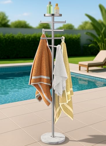 KES Hot Tub Towel Rack Outdoor with Natural Marble Extra Weight Base, 8 Arms 360° Adjustable 59in Outdoor Towel Rack for Pool with Storage Tray, 18/8 Stainless Steel, Brushed Finish, OTR204-2