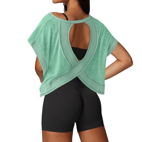 Image of UNIANKIYA Open Back Workout Tops for Women Loose Fit Athletic Crop Tee Short Sleeve Gym Running Yoga Shirt