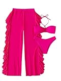 MakeMeChic Women's 3 Piece Swimsuit Solid Halter Bikini Set with Ruffle Sheer Cover Up Hot Pink XL