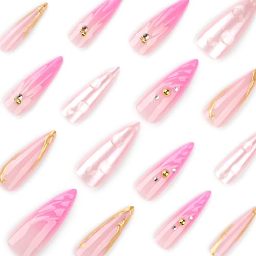 Image of Pink Press on Nails Long Stiletto Fake Nails Ombre Glue on Nails with Gold Design Glossy False Nails Reusable Artificial Acrylic Full Cover 3D Ocean Shell Stick on Nails for Women Manicure 24Pcs