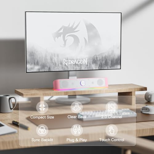 Image of Redragon GS560 RGB Desktop Soundbar, 2.0 Channel Computer Speaker with Dynamic Lighting Bar Audio-Light Sync /Display, Touch-Control Backlit with Volume Knob, USB Powered w / 3.5mm Cable, Pink