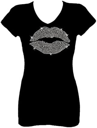 Lips Angel Wings Kiss Rhinestone Sequins V Neck Short Sleeve Tee Shirt (3X) Black