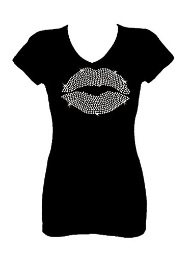 Lips Angel Wings Kiss Rhinestone Sequins V Neck Short Sleeve Tee Shirt (3X) Black #TOP10