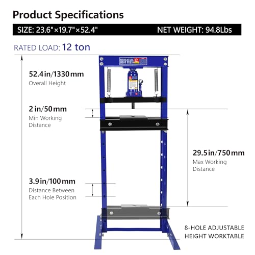 Dithoko Hydraulic Shop Press, 12 Ton H-Frame Garage Floor Mount Press with Adjustable Working Table, Garage Floor Adjustable Shop Press to Bend, Straighten or Press Parts (Blue) - Thumbnail 7
